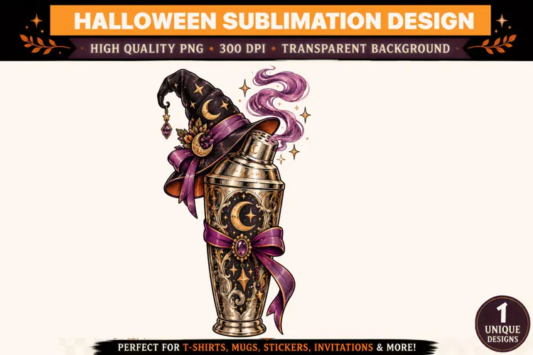 Witchy Cocktail Shaker Halloween PNG, Gothic Witch Hat Subli