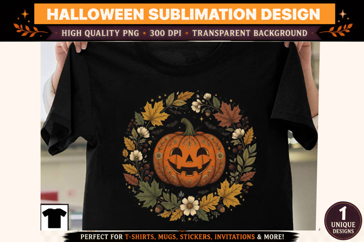 Vintage Pumpkin Wreath Sublimation | Autumn Leaves Halloween