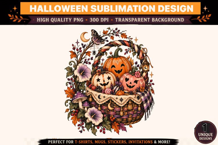 Vintage Halloween Pumpkin Basket PNG, Whimsical Harvest example image 1