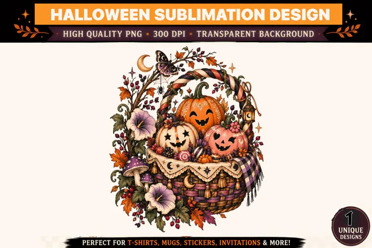 Vintage Halloween Pumpkin Basket PNG, Whimsical Harvest
