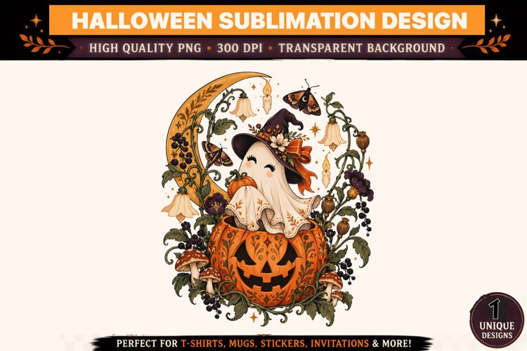 Halloween Witch Ghost PNG, Pumpkin Witch Sublimation example image 1