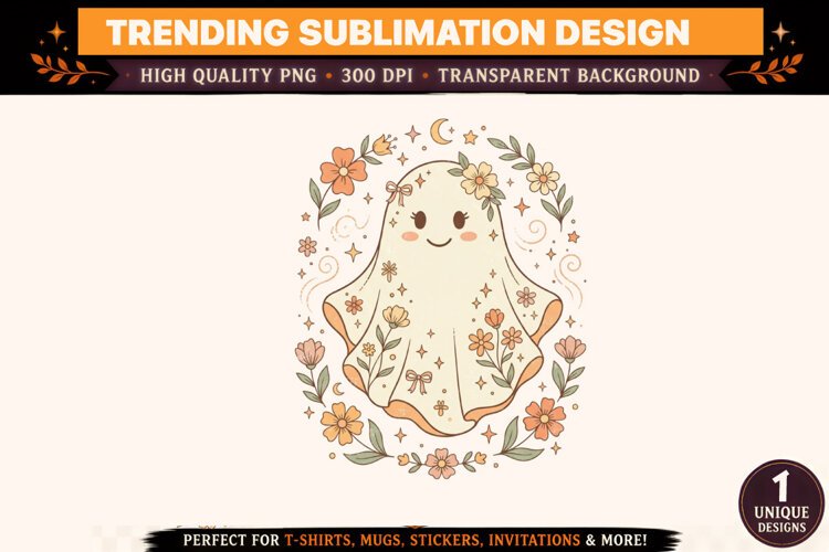 Cute Floral Ghost Halloween PNG example image 1