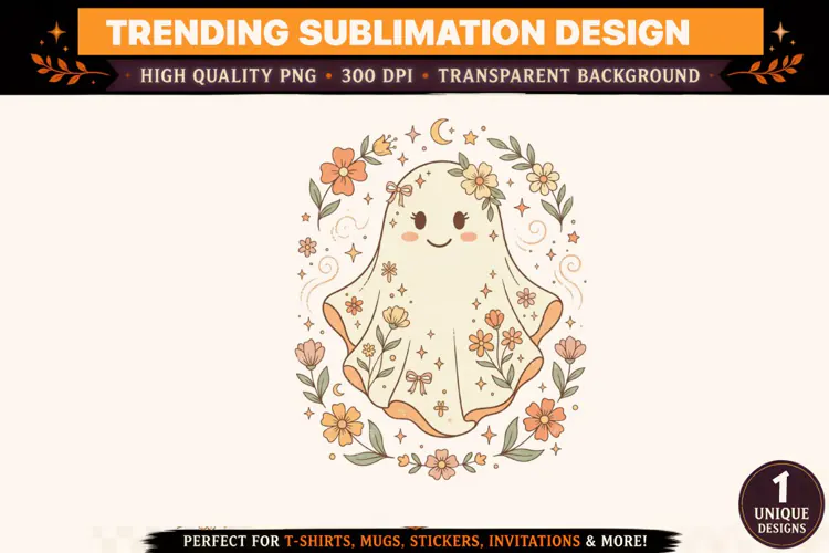 Cute Floral Ghost Halloween PNG