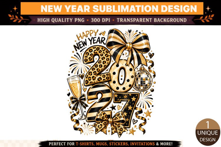 2027 Happy New Year PNG, Black Gold Leopard Print Sublimatio example image 1