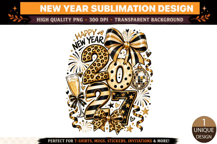 2027 Happy New Year PNG, Black Gold Leopard Print Sublimatio