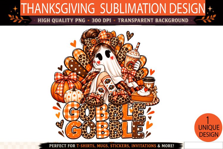Gobble Gobble PNG, Cute Thanksgiving Ghost Girl Sublimation example image 1
