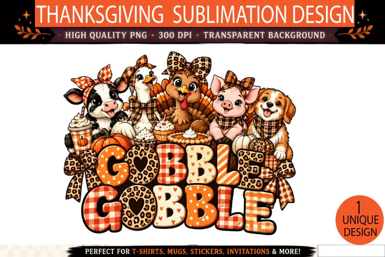 Gobble Gobble Thanksgiving PNG, Cute Farm Animals Sublimatio
