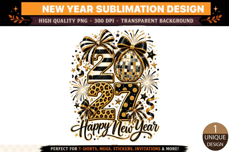 Happy New Year 2027 PNG, Black Gold Disco Ball Sublimation D