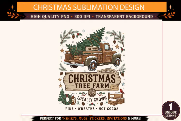 Christmas Tree Farm PNG, Vintage Christmas Truck Sublimation