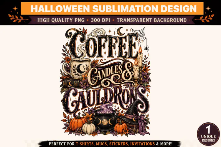 Coffee Candles & Cauldrons Halloween PNG
