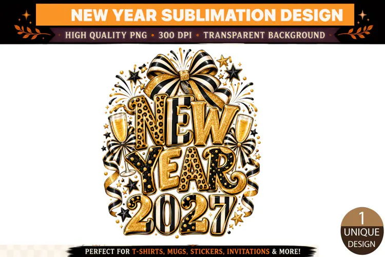 New Year 2027 PNG, Black Gold Leopard Print Sublimation Desi