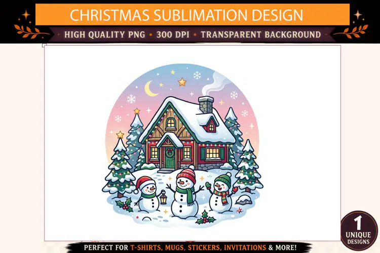 Christmas Snowman PNG, Cozy Winter Cottage Sublimation Desig