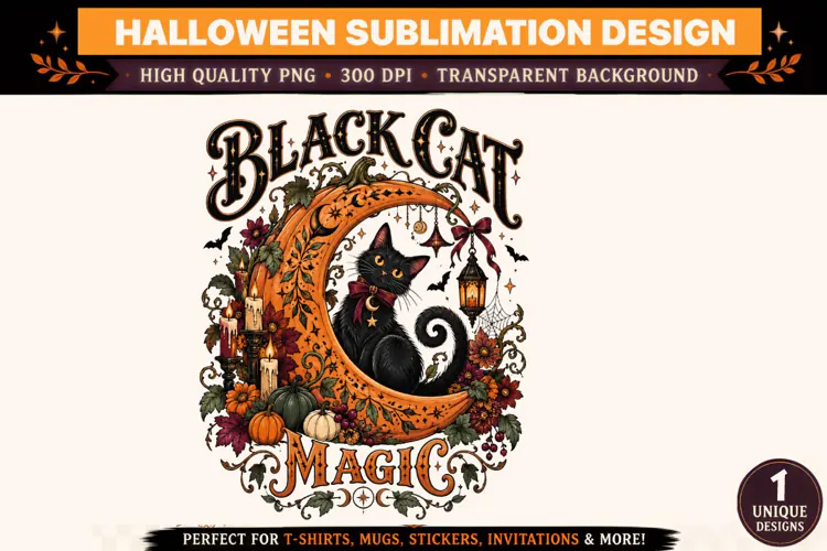 Black Cat Magic Halloween PNG, Black Cat Crescent Moon Subli