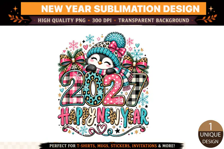 2027 Happy New Year Penguin Sublimation PNG, Cute Leopard Pr