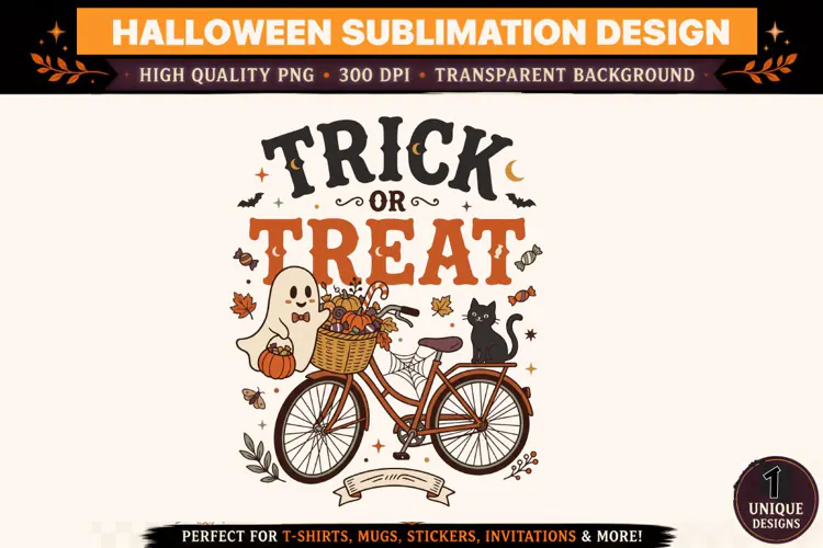 Trick or Treat Halloween PNG, Cute Ghost Bicycle Sublimation
