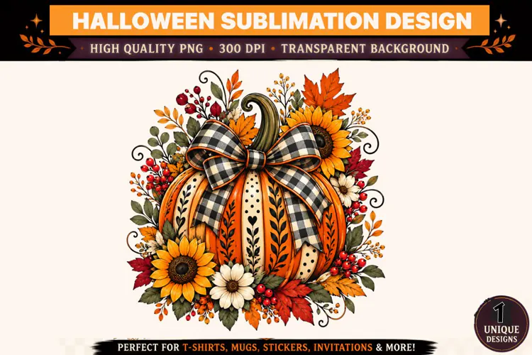 Fall Pumpkin PNG, Buffalo Plaid Bow Sunflower Pumpkin Sublim