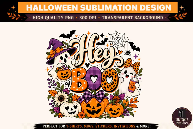 Hey Boo Halloween PNG, Cute Ghost Witch Sublimation Design,