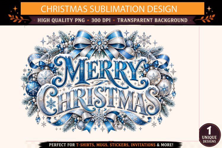 Merry Christmas PNG Sublimation Design,Blue Silver Christmas example image 1