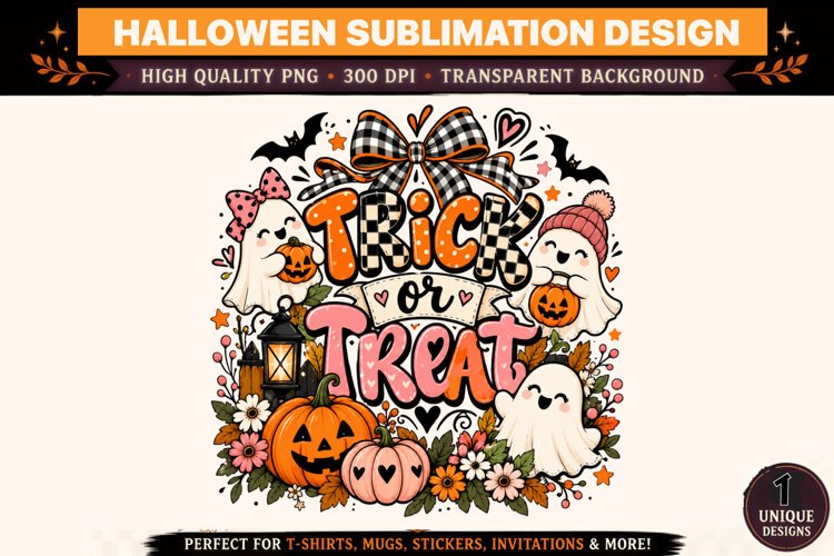 Trick or Treat Halloween PNG, Cute Ghost Pumpkin Sublimation example image 1