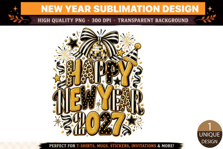 Happy New Year 2027 PNG, Black Gold Disco Ball Sublimation D