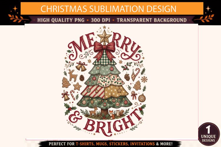 Merry & Bright Christmas Tree PNG, Vintage Plaid Christmas S example image 1