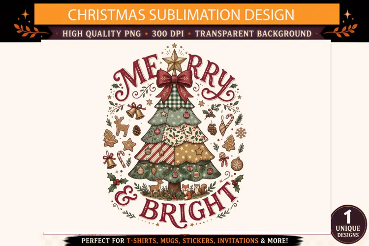 Merry & Bright Christmas Tree PNG, Vintage Plaid Christmas S