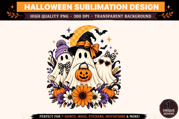 Halloween Ghost PNG, Witch Hat Ghost Trio Sublimation Design example image 1