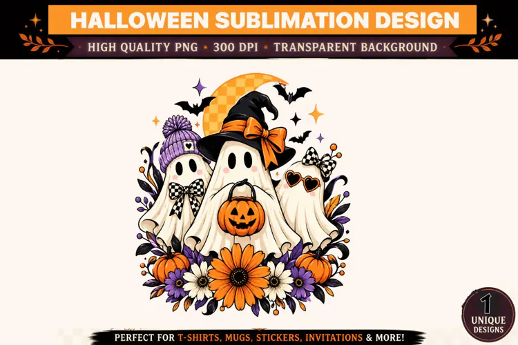 Halloween Ghost PNG, Witch Hat Ghost Trio Sublimation Design