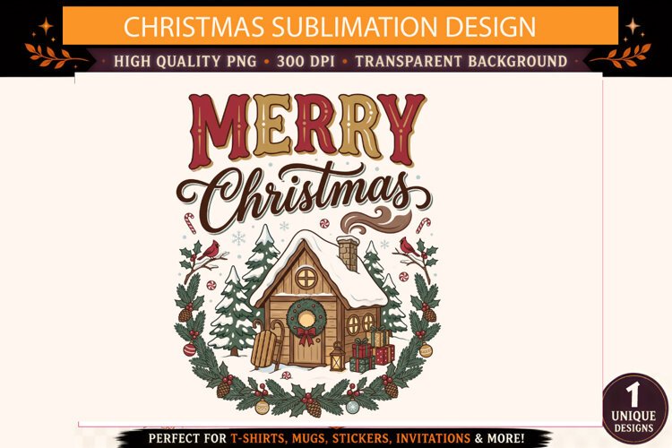Merry Christmas PNG, Cozy Winter Cabin Sublimation Design, V example image 1