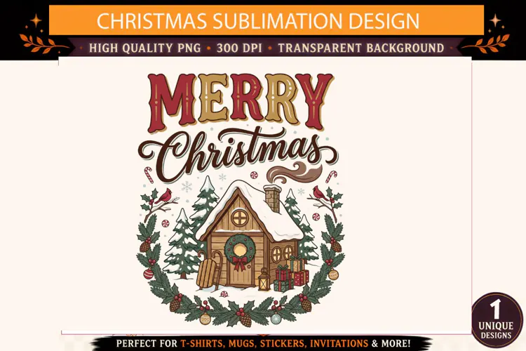 Merry Christmas PNG, Cozy Winter Cabin Sublimation Design, V
