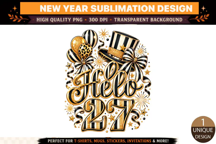 Hello 2027 PNG, Black Gold New Year Sublimation Design, Glam