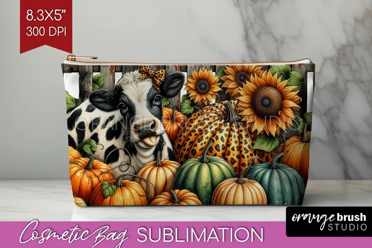 Fall Cow Cosmetic Bag - Autumn Cow Makeup Bag PNG