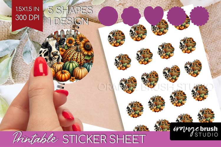 Fall Cow Round Sticker - Autumn Cow Printable Sticker Sheet