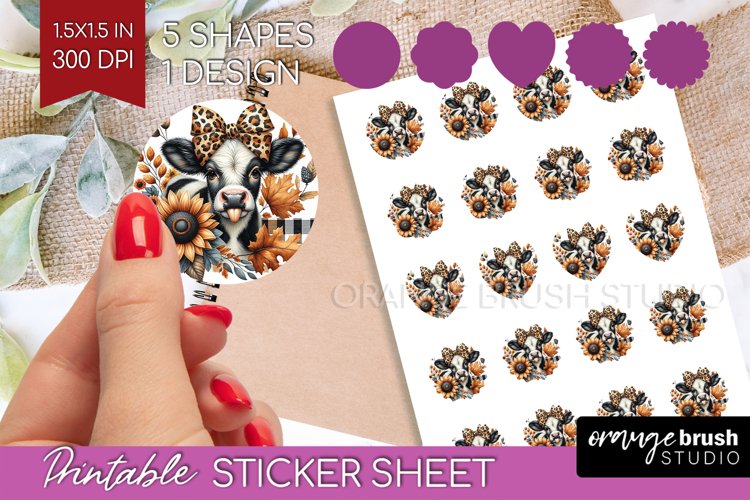 Fall Cow Round Sticker - Autumn Cow Printable Sticker Sheet