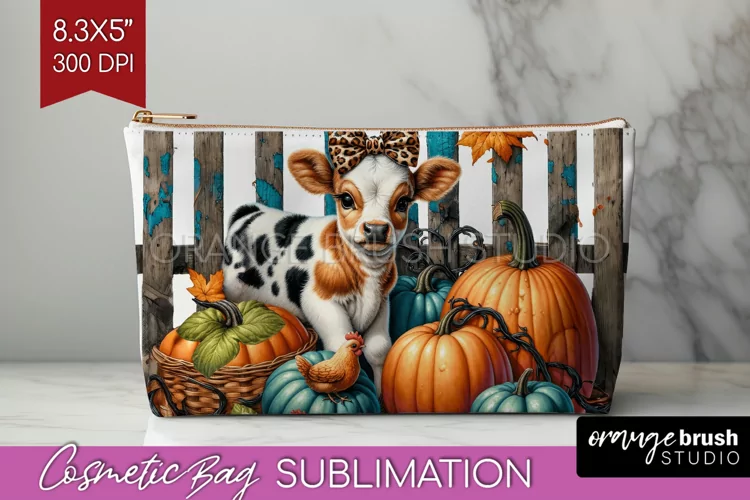 Fall Cow Cosmetic Bag - Autumn Cow Makeup Bag PNG