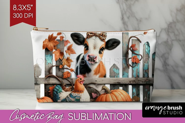 Fall Cow Cosmetic Bag - Autumn Cow Makeup Bag PNG
