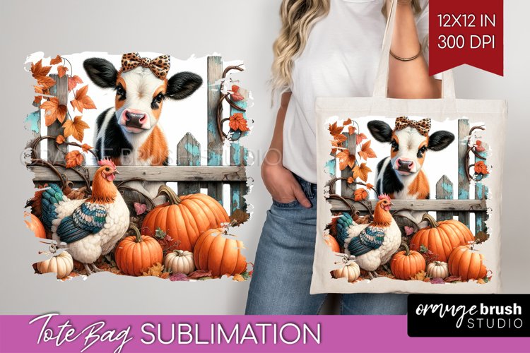 Fall Cow Tote Bag - Autumn Cow Tote Bag PNG Sublimation