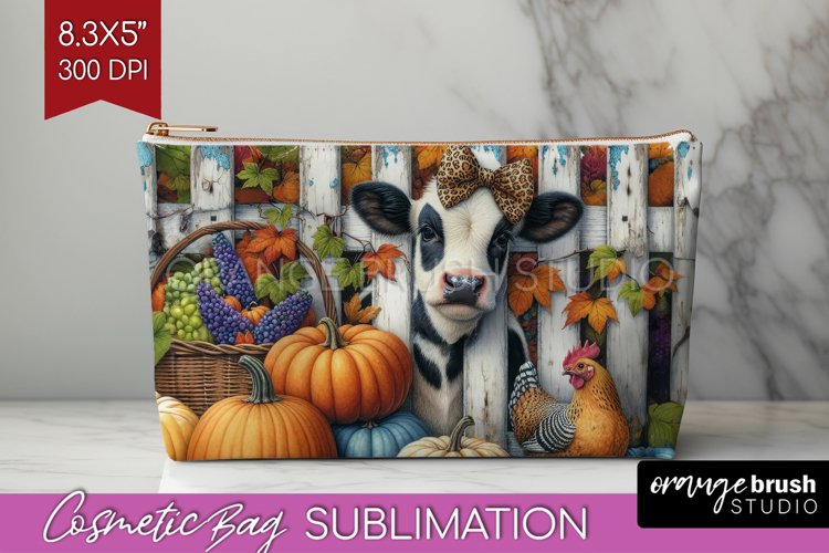 Fall Cow Cosmetic Bag - Autumn Cow Makeup Bag PNG example image 1