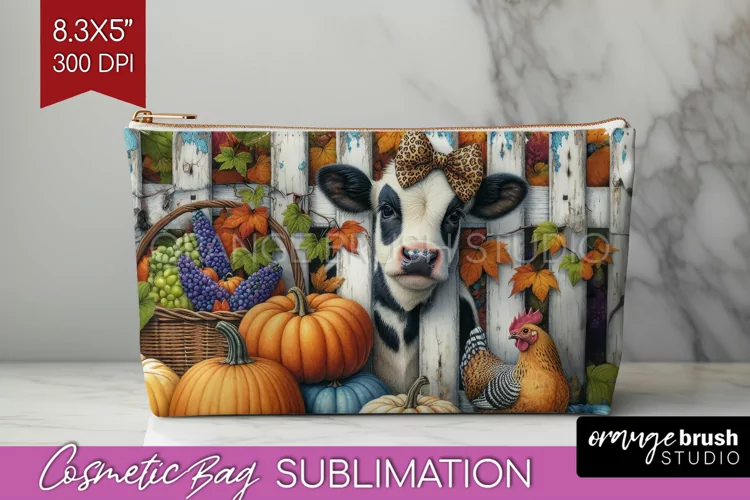 Fall Cow Cosmetic Bag - Autumn Cow Makeup Bag PNG