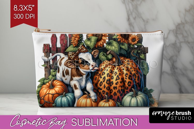 Fall Cow Cosmetic Bag - Autumn Cow Makeup Bag PNG example image 1