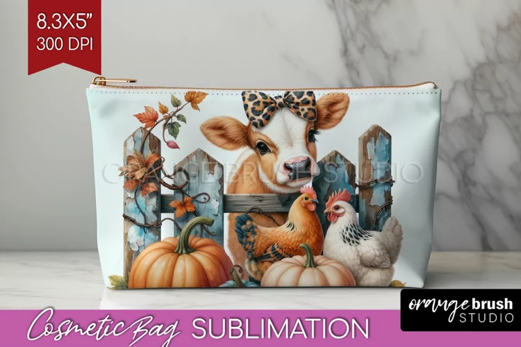 Fall Cow Cosmetic Bag - Autumn Cow Makeup Bag PNG