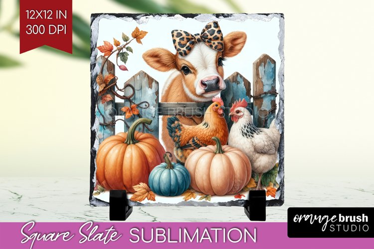 Fall Cow Slate PNG - Autumn Cow Square Slate Sublimation