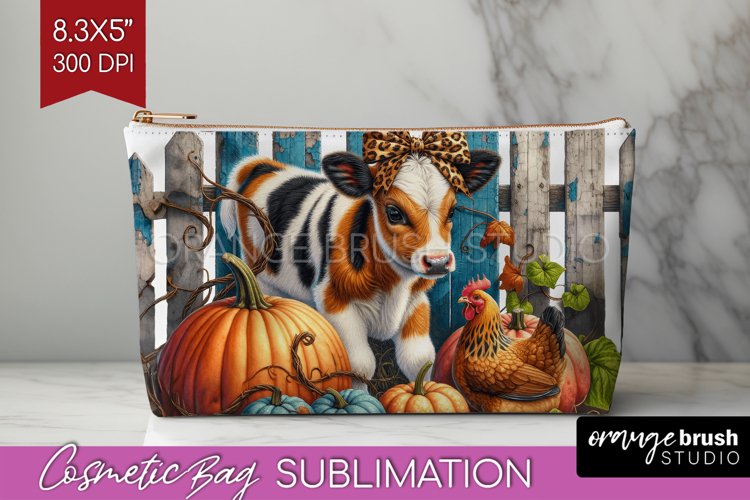 Fall Cow Cosmetic Bag - Autumn Cow Makeup Bag PNG example image 1