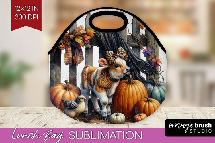 Fall Cow Lunch Bag - Autumn Cow Lunch Bug PNG Sublimation