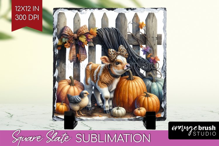 Fall Cow Slate PNG - Autumn Cow Square Slate Sublimation