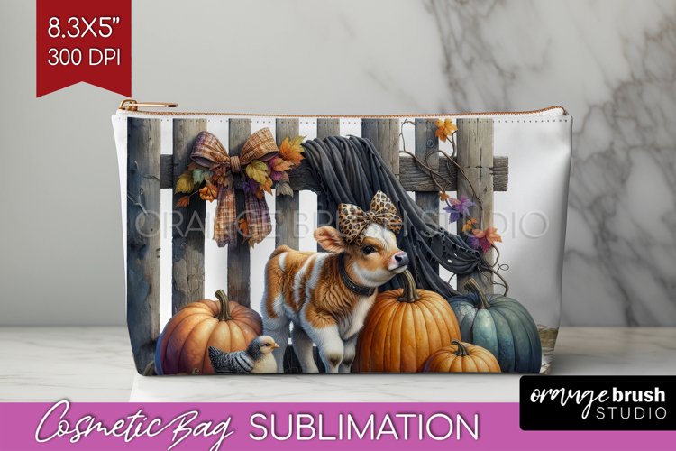 Fall Cow Cosmetic Bag - Autumn Cow Makeup Bag PNG example image 1