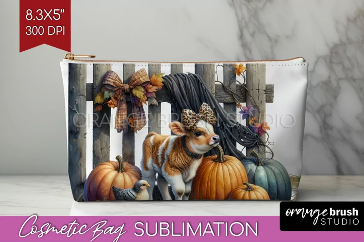 Fall Cow Cosmetic Bag - Autumn Cow Makeup Bag PNG