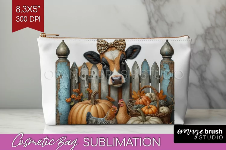 Fall Cow Cosmetic Bag - Autumn Cow Makeup Bag PNG
