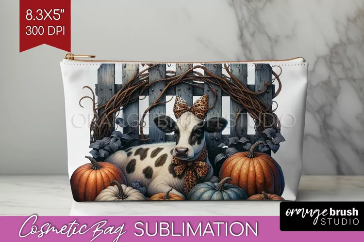 Fall Cow Cosmetic Bag - Autumn Cow Makeup Bag PNG