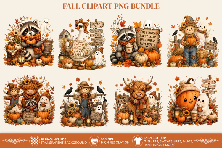 Fall Cozy Autumn Animals PNG T-Shirt Sublimation Design